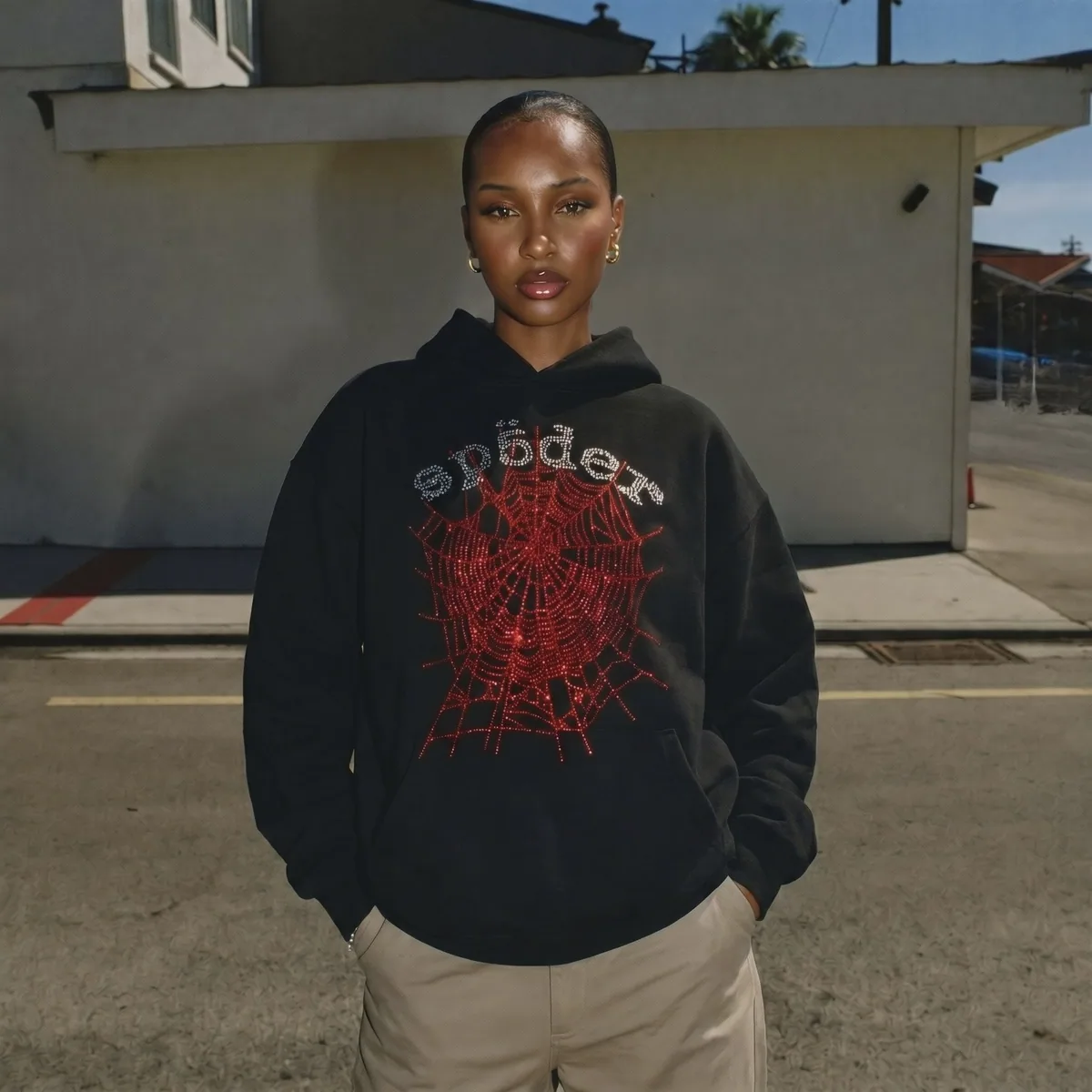Sp5der OG Rhinestone Hoodie Black — view 3
